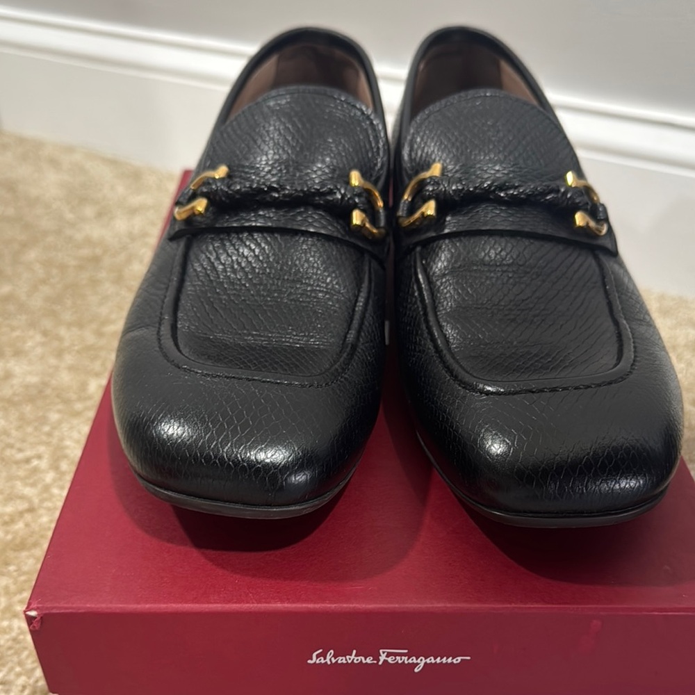 Salvatore Ferragamo Black Leather Loafers with Gold Hardware